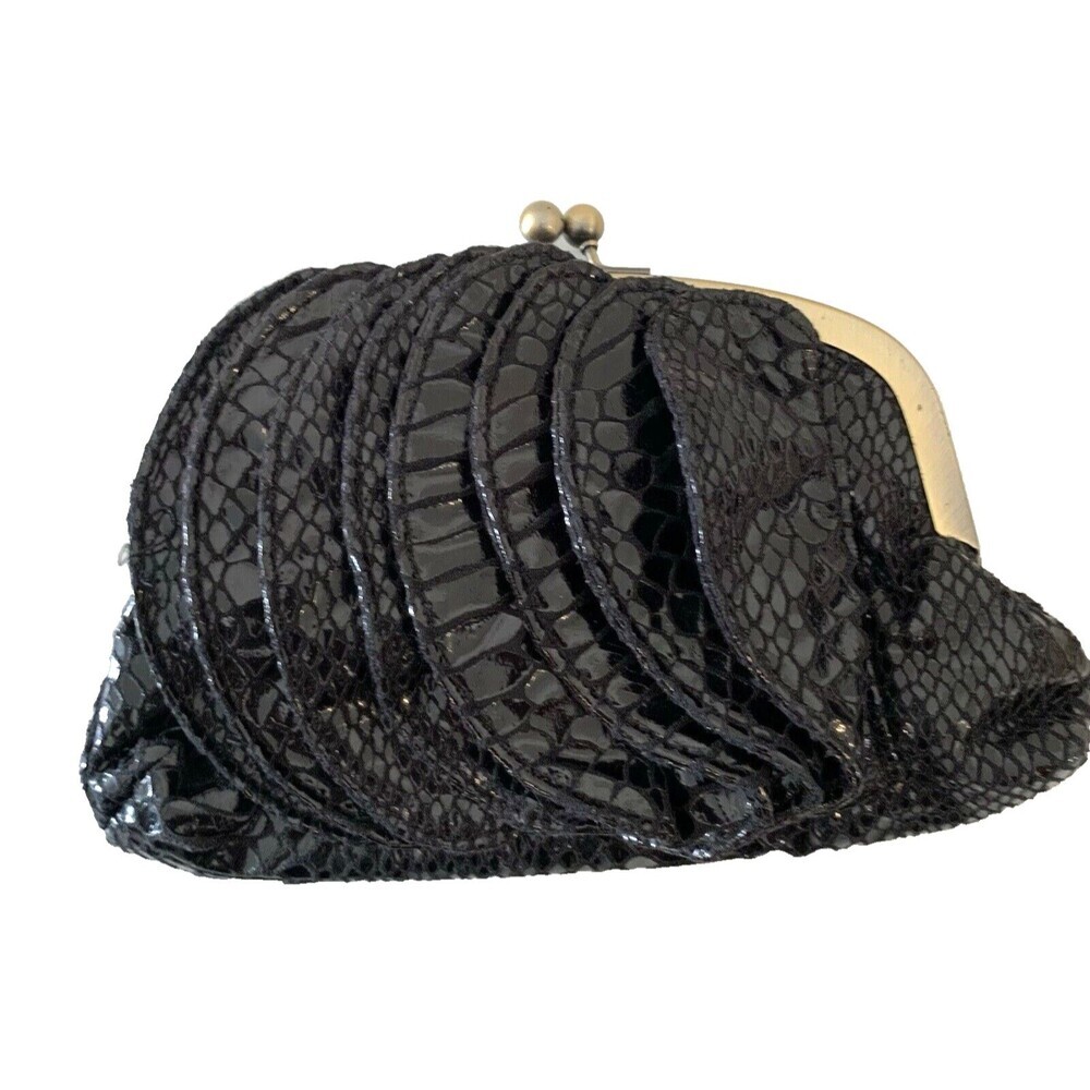 Vintage Avon Ruffle Clutch Snap Closure Black Faux Leather 2000 8"wx5"H Gothic